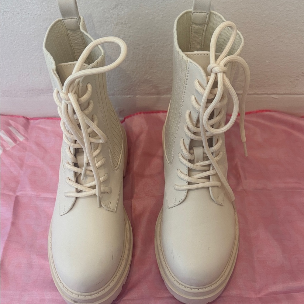 Women's Cream Lace-Up Combat Boots